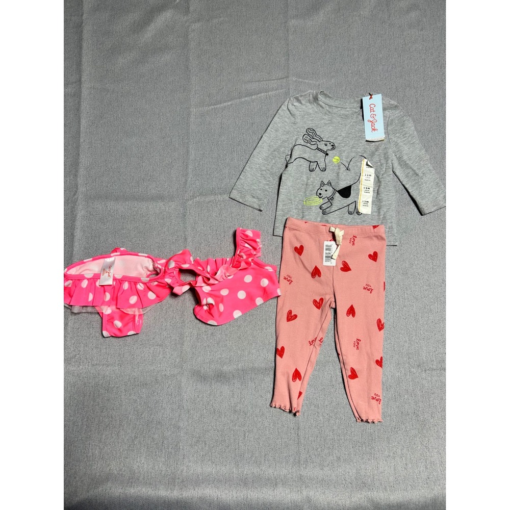 Cat & Jack Carter's Clothing Lot Girls 12M Pink Gray Hearts Polka Dot Swimsuit